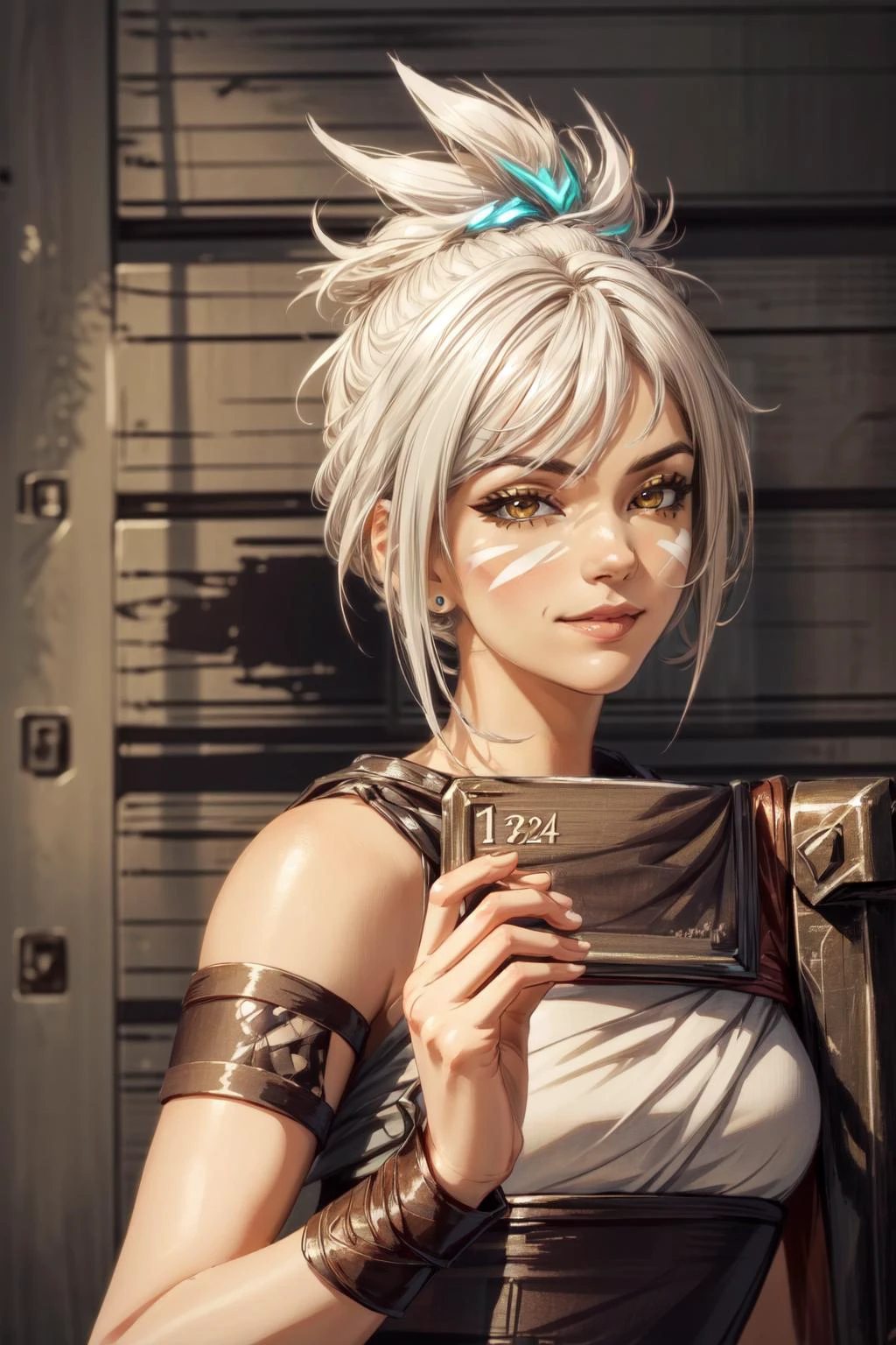 (masterpiece, best quality), intricate details, (Best quality)), ((masterpiece)), fractal art:1.2),
(1girl), <lora:Riven-000016:1> riven \(league of legends\), folded ponytail, white hair,black eyeshadow, white face mark, bare shoulders,yellow eyes,white hair, smirk, seductive smile,
extreme detailed eyes, colorful, highest detailed, vibrant colors, high contrast,
<lora:add_detail:1>,
holding sign, <lora:barbie_mugshot_B:0.8> barbie mugshot,