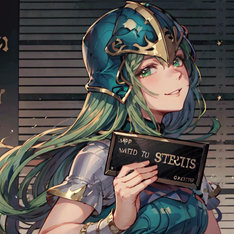 barbie mugshot, nephenee, helmet, green hair, looking at viewer, smile, closed mouth, closed mouth, parted lips, holding sign,