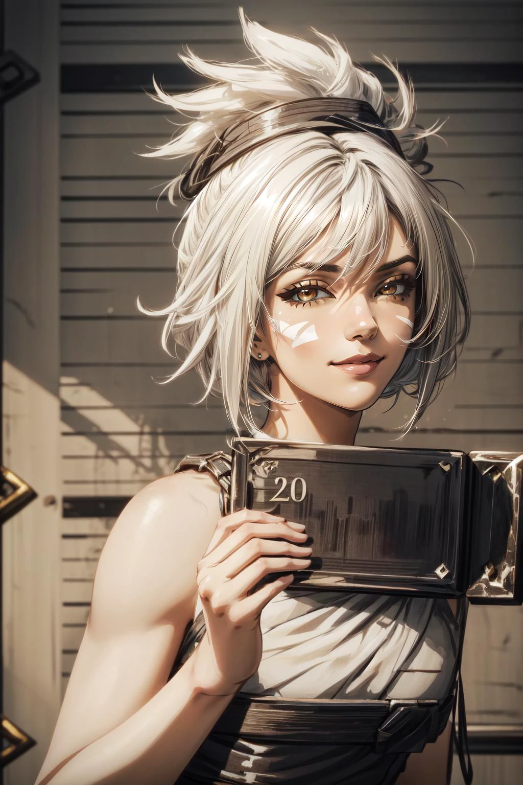 (masterpiece, best quality), intricate details, (Best quality)), ((masterpiece)), fractal art:1.2),
(1girl), <lora:Riven-000016:1> riven \(league of legends\), folded ponytail, white hair,black eyeshadow, white face mark, bare shoulders,yellow eyes,white hair, smirk, seductive smile,
extreme detailed eyes, colorful, highest detailed, vibrant colors, high contrast,
<lora:add_detail:1>,
holding sign, <lora:barbie_mugshot_B:0.8> barbie mugshot,