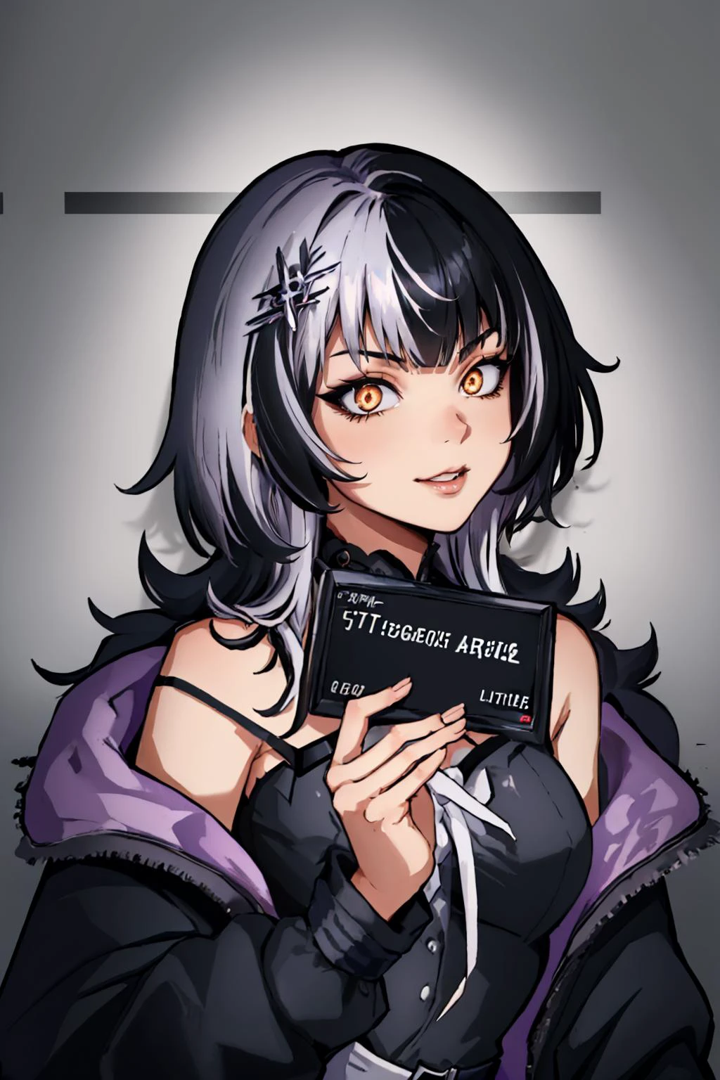 (masterpiece, best quality:1.2), solo, 1girl, shiorinovella, smug, looking at viewer, barbie mugshot, split-color hair, hair ornament, crazy eyes, glowing eyes, black jacket, off shoulder, black dress, white ribbon <lora:CHAR-ShioriNovella_v1.0:0.9> <lora:barbieMugshot_B:0.8>