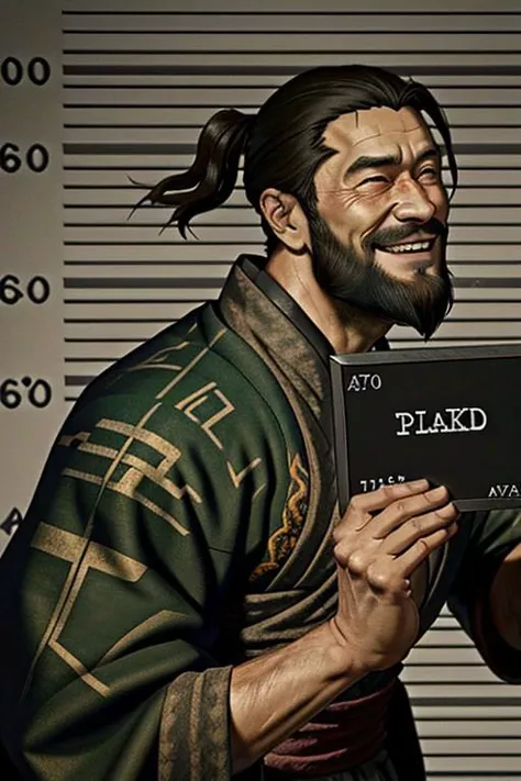 barbie mugshot, sekiro, 1boy, mature male, male focus, solo,kimono, closed mouth, beard, ponytail, smiling,