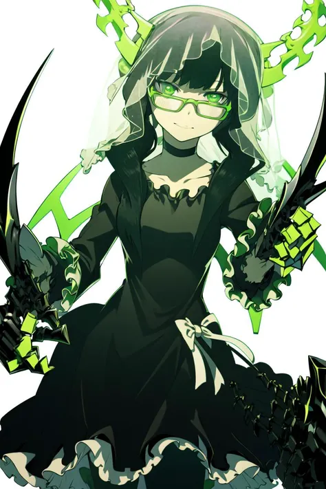 (best quality), ((masterpiece)), (highres), extremely detailed girl, solo,High Detail,beautiful detailed eyes, (ultra-detailed) ,illustration, best lighting,(dynamic angle)(full background),
1girl, solo, solo focus, black hair, green eyes, gloves, scythe, lycra, dress,heel, wing, veil, glasses, pigtails,
<lora:dead_master-09:1>
