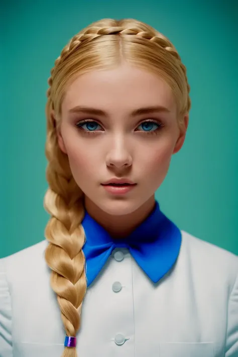 school_nurse woman, classroom, blond braids, by Peter Sekaer, Jaromr Funke, by Ernie Barnes, Girolamo Muziano, Hendrick Cornelisz. van Vliet, Klaus Wittmann. vaporwave, negative space, colorgraded, Cinematic film still, analog style, RAW photo, hyper real photo, ultrarealistic uhd faces, 8k uhd, dslr, soft lighting, high quality, film grain, Fujifilm XT3, photographed on a Kodak PIXPRO AZ241 16.15MP Digital Camera, 50mm lens, F/2.8, HDR, hyper-realistic, colorgraded, volumetric lighting, volumetric fog, moist, shallow depth of field, reflections, absurdres, fashion shot, psychedelic, Thomson MO5 color palette