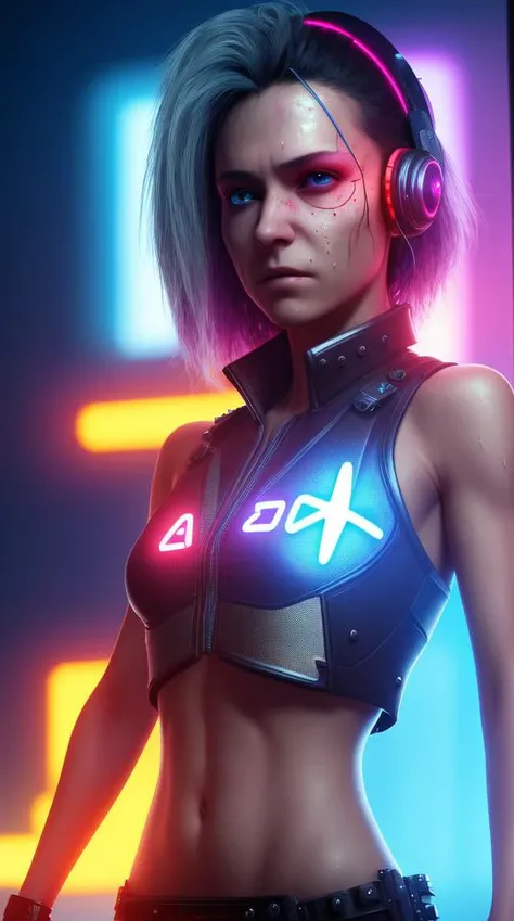 A highly detailed portrait of a solo 1girl standing on a street corner, during a rainstorm with lightning strikes and a cloudy sky, neon and cyberpunk background, she is wearing punk clothes with silver chains and silver spikes, she has a butterfly wing hairclip in her wild hair, she has headphones and a necktie on, detailed glowing red eyes with distinct pupils, ominous aura Halo, smile, punk, cyberpunk, backlighting, Cinematic film still, high detail RAW color Photo, harsh lighting, cinematic lighting, contrast, textured skin, cold skin pores, hard light, gigapixel, 8k resolution, cinematic, octane render, unreal, high definition, 8k uhd, professional lighting, photon mapping, radiosity, physically-based rendering, perfect face, award-winning photography, ray tracing, intense gaze, cinematic lighting, masterpiece, best quality, intricate detail, absurdres