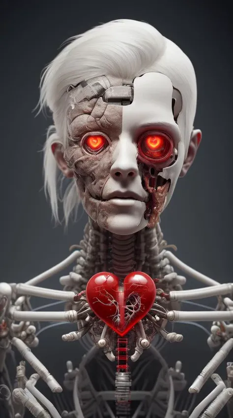 (dissection:1.3) of a (damaged:1.2) (machine:1.1) with white hair and beautiful detailed red eyes, she has a (mechanical (heart:1.1):1.1) and a (dirty face:1.2), with exposed wires and tubes, internal mechanical parts exposed from injury and short circuit, suffering heavy damage, being disassembled, natural light, light tracing, intricate circuitry, illustration, 8k wallpaper, super detailed, full body portrait,, Cinematic film still, high detail RAW color Photo, harsh lighting, cinematic lighting, contrast, textured skin, cold skin pores, hard light, gigapixel, 8k resolution, cinematic, octane render, unreal, high definition, 8k uhd, professional lighting, photon mapping, radiosity, physically-based rendering, perfect face, award-winning photography, ray tracing, intense gaze, cinematic lighting, masterpiece, best quality, intricate detail, absurdres