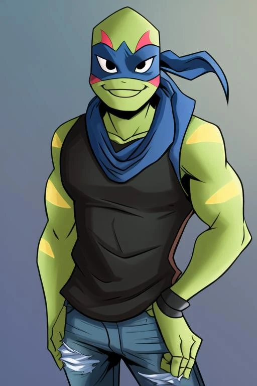 <lora:Leo_RTMNT:0.7> masterpiece, best quality, blue bandana, dot pupils, turtle, turtle boy, solo, looking at viewer, smile, 1boy, upper body, male focus, black eyes, looking at viewer, green skin, black shirt, short sleeves, jeans