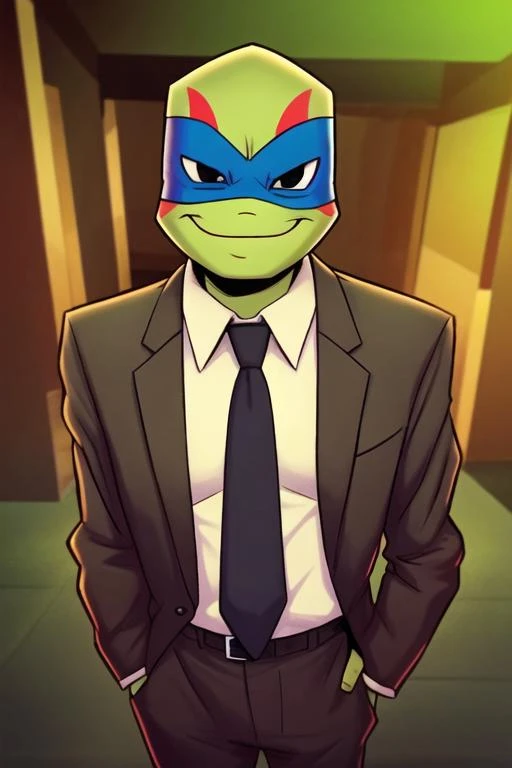 <lora:Leo_RTMNT:0.7> masterpiece, best quality, blue headband, dot pupils, turtle, turtle boy, turtle shell, solo, looking at viewer, smile, 1boy, male focus, black eyes, looking at viewer, green skin, black suit, collared shirt, red necktie, long sleeves