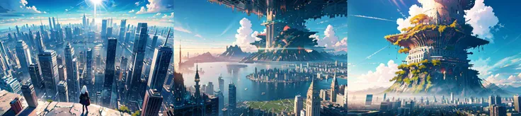 (otherworldly), highly insanely detailed, masterpiece, top quality, best quality, highres, 4k, 8k, RAW photo, scenery, sky, cityscape, cloud, city, building, day, outdoors, blue sky, sunlight, window, skyscraper, (fantasy world)