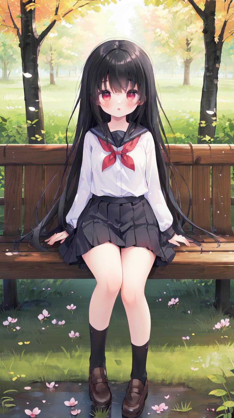 Anime girl sitting on a bench in a park with flowers - SeaArt AI
