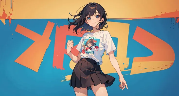 masterpiece,best quality,1girl, t-shirt, skirt, smile, cowboy shot,