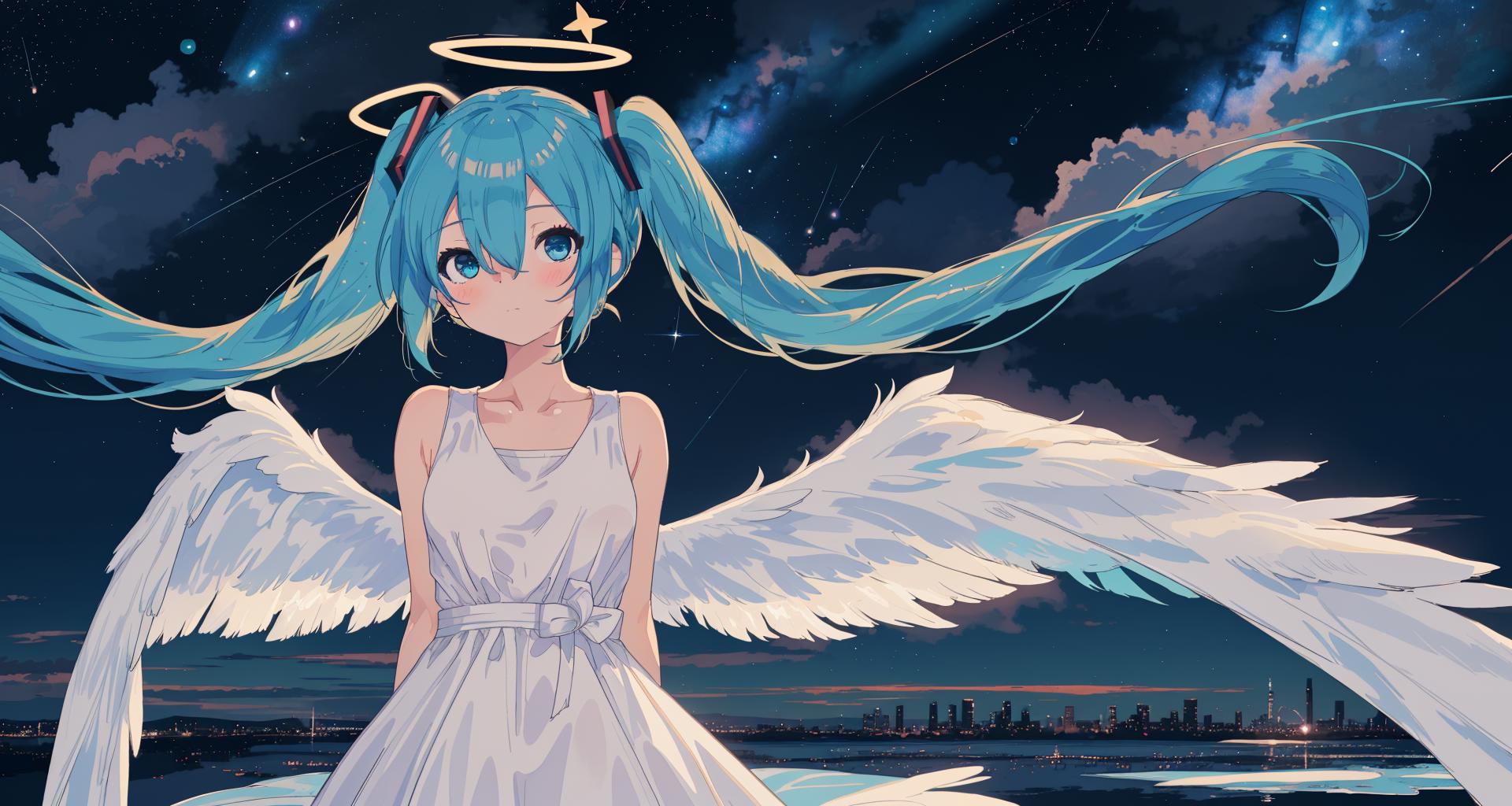 Anime girl with blue hair and angel wings standing in front of a body ...