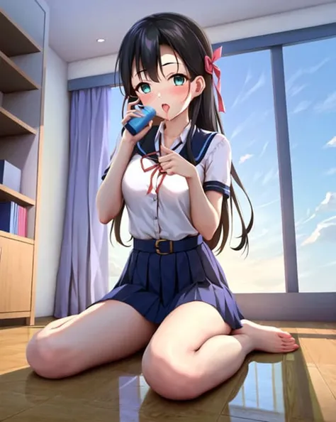 by himitsu \(hi mi tsu 2\), 1girl, solo, barefoot, skirt, long hair, sitting, black hair, shirt, indoors, white shirt, blue skirt, wariza, feet, window, looking at viewer, toes, open mouth, short sleeves, hair ornament, ribbon, pleated skirt, sexually suggestive, legs, school uniform, bare legs, bottle, blush, holding, thighs, tongue, sky, bangs, full body