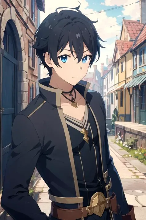 masterpiece, best quality, wallpaper, 1boy, solo, male focus, looking at viewer, upper body, , , , <lora:yuuki_princess_connect:0.66>, yuuki_princess_connect, black hair, blue eyes, biker costume, fairytale,