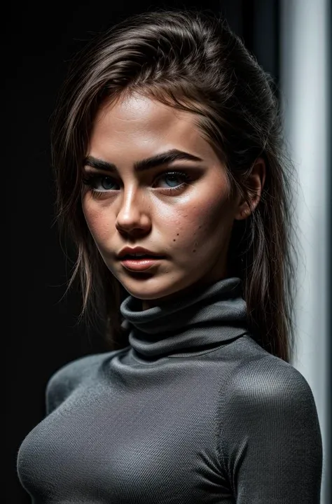 (sfw), photograph of S079_SophieLimma, (fully clothed:1.5), (intricate and detailed turtleneck and skirt), relaxed facial expression, ((best quality, masterpiece, ultra realistic)), hyperrealism, , hdr, dramatic lighting, absurdres, cinematic film still of jawbreaker