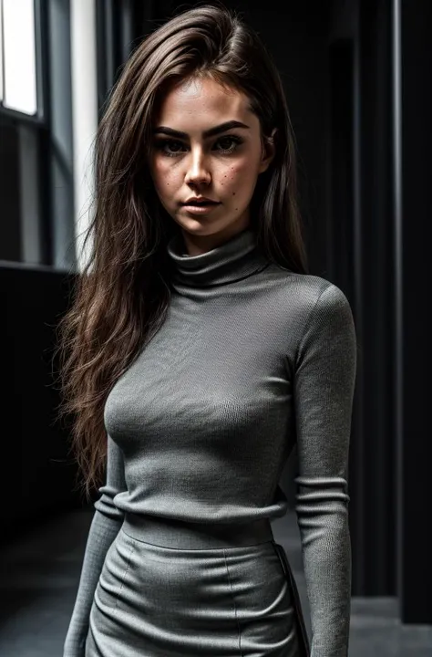 (sfw), photograph of S079_SophieLimma, (fully clothed:1.5), (intricate and detailed turtleneck and skirt), relaxed facial expression, ((best quality, masterpiece, ultra realistic)), hyperrealism, , hdr, dramatic lighting, absurdres, cinematic film still of jawbreaker