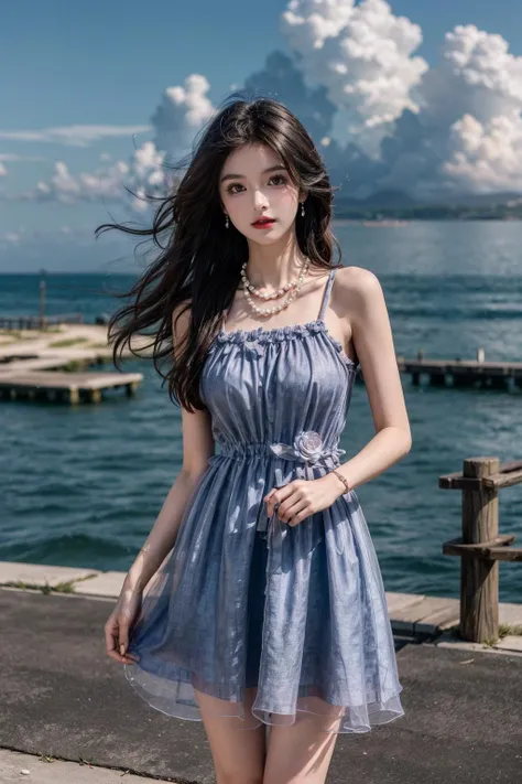 best quality,[masterpiece],((beautiful:0.75) cute girl:0.75),Professional,photo_(medium),ultra-fine painting,1girl,black hair,outdoors,(front:1.3),(standing:1.3),seaside,cloudy sky,cowboy_shot,
<lora:add_detail:1>,  <lora:Sweet girl clothes2:0.75> Sweet girl clothes2,pearl necklace,blue dress,flower,