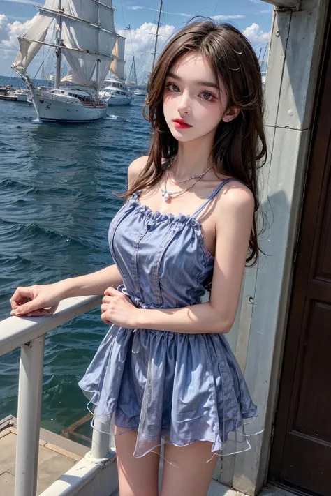 best quality,[masterpiece],((beautiful:0.75) cute girl:0.75),Professional,photo_(medium),ultra-fine painting,1girl,black hair,outdoors,(front:1.3),(standing:1.3),seaside,cloudy sky,sailboat,cowboy_shot,
<lora:add_detail:1>,  <lora:Sweet girl clothes2:0.75> Sweet girl clothes2,pearl necklace,blue dress,