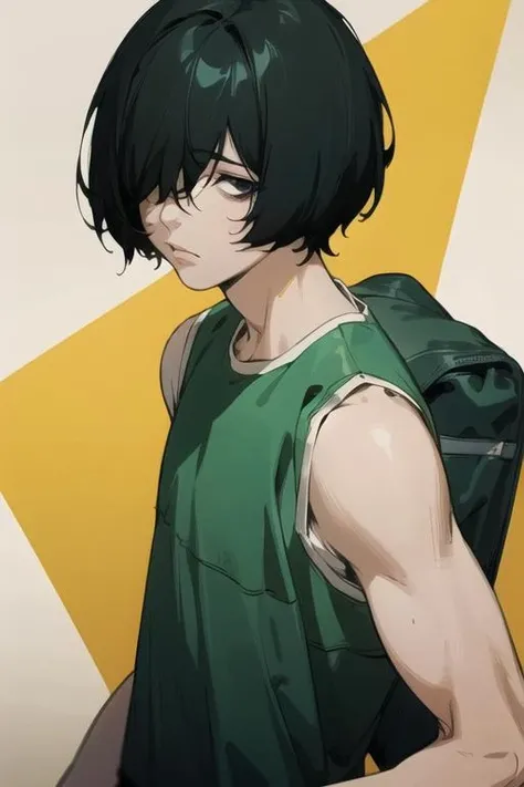 masterpiece, best quality, ((ultra detailed)), beautiful illustration, dynamic, (beautiful detailed eyes), wallpaper, (game cg), ((Masterpiece)), ((High resolution)), ((Fine detail)), (High-definition CG), high contrast, HDR, (official art), 1boy, solo, male focus, looking at viewer, , , <lora:shuuji_nakaumi:0.56>, shuuji_nakaumi, black hair, bags under eyes, black eyes, tank top