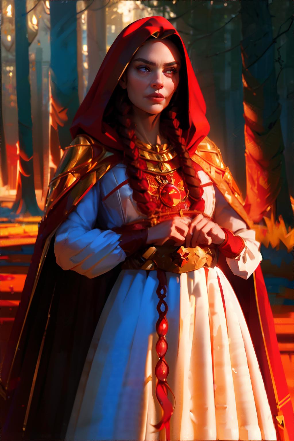 A woman in a red cape and white dress standing in a forest - SeaArt AI