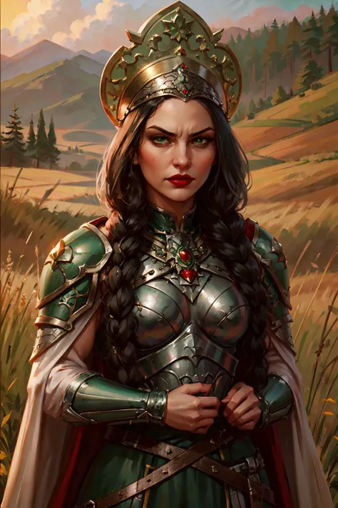 1girl, upper body of beautiful lady, black hair, braid, red lips, angry smirk, green eyes, kokoshnik headwear, silver armor, cape, summer field <lora:sxz-slavic-fantasy:0.7>