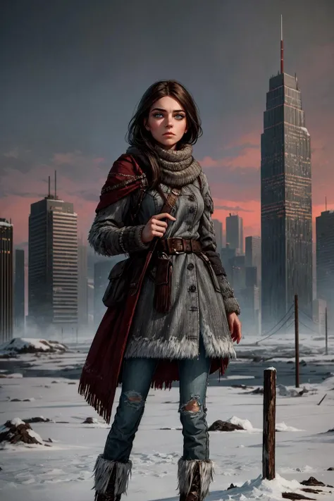 In the bleak aftermath of a nuclear apocalypse, where the world is shrouded in an eternal nuclear winter, envision a lone figure scavenger a young woman walking in [dynamic] alerted anxious pose amidst the desolation, with frozen city civilization (skyscrapers) in background with  dark hair, slim skinny toned body, [beautiful], [perfect], and [highly detailed] youthful [cute face] with upturned blue eyes. It displays a [flushed] complexion and a defined jawline [with overbite], accompanied by [full cheeks] marked with [detailed contours], [cute dimples], and adorned with [face highlighter] and [dark makeup] with eyeliner. Her [delicately proportioned features], [long defined chin], and [high cheekbones] complement her [nose, slightly upturned at the tip] and [narrow nose bridge].
She is the embodiment of resilience in a world frozen by the nuclear ice age. Picture her bundled up in tattered, layered clothing, each piece a testament to survival. Her breath mingles with the frosty air as she gazes across the frozen, barren landscape.
The sky above is an eerie canvas of ashen gray, devoid of the vibrant hues of the past. The once-mighty skyscrapers now stand as icy monoliths, their shattered windows reflecting the muted sunlight.
The ground beneath her feet is a patchwork of frozen wasteland, where the remnants of civilization lie buried beneath layers of snow and ice. She clutches a makeshift weapon, a symbol of her determination to survive in this harsh new world.
As she stands there, a solitary figure in this frozen apocalypse, there's a glimmer of hope in her eyesâa belief that somewhere, amidst the icy desolation, there is still a chance for life to bloom once more. This is a vision of a post-nuclear ice age <lora:add_detail:0.5>  <lora:sxz-slavic-fantasy:0.5>  <lora:hairdetailer:0.5> <lora:Gloomifier_slider_LECO_500w:1>