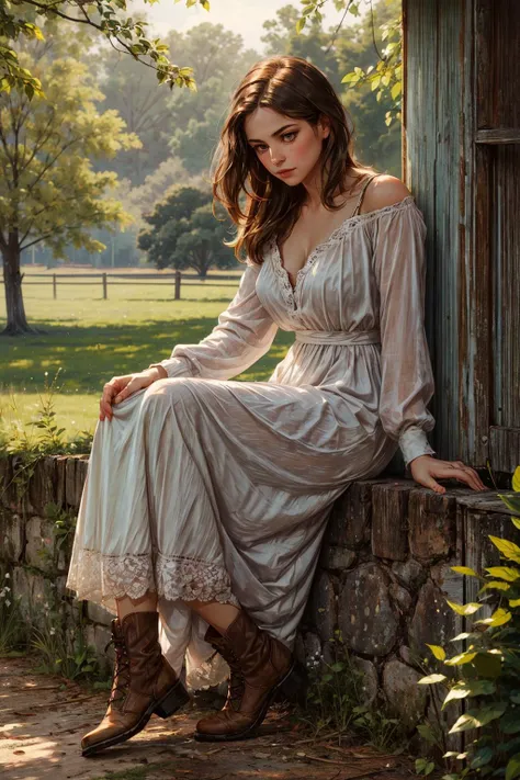 Amidst the serene backdrop of the American South, envision a resolute Southern homesteader [leaning] against. She possesses a [tall] and [slim] stature, characterized by a [youthful and beautiful figure] with [delicate curves], [narrow waist], [graceful hips], and [smooth, unblemished skin]. Her [youthful, perky breasts] and [slim, toned physique] accentuate her [elegant form] and [sleek legs].
Her face with delicate downturned lips and gentle warm smile, face framed by [hair], radiates a captivating beauty. Her detailed hi-res [brown] upturned eyes with warm gaze and [black eyeliner]. Her [rich chestnut hair] falls in [tousled waves], adding to her youthful charm.
She wears a simple yet sturdy summer airy translucent [homespun dress] clinging tightly to her body with cleavage and naked shoulders, faded from countless hours of labor, yet it cannot conceal her [youthful allure] and dusty boots bear witness to her tireless toil on the land.
Around her, the homestead tells its own story, with a [weathered farmhouse] that has sheltered generations and [rolling fields] that have provided sustenance for her family. The air is filled with the scent of [sun-baked earth], and the songs of birds in the trees remind her of the peaceful world outside.
In this idyllic era, she embodies the strength and determination of those who nurtured the land, a testament to the enduring spirit of the South.
This is a glimpse into the life of a Southern homesteader during a time of peace in the American South, where the bonds of family and the land run deep.  <lora:add_detail:0.5>  <lora:bichu-v0612:0.5>   <lora:sxz-slavic-fantasy:0.5> <lora:hairdetailer:0.5>