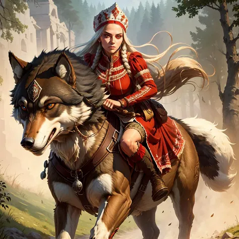 beautiful woman in a slavic folk costume riding the running wolf <lora:sxz-slavic-fantasy:0.75>, highly detailed, detailed face, detailed eyes