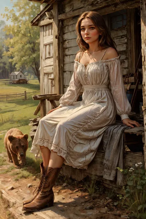 Amidst the serene backdrop of the American South, envision a resolute Southern homesteader [leaning] against. She possesses a [tall] and [slim] stature, characterized by a [youthful and beautiful figure] with [delicate curves], [narrow waist], [graceful hips], and [smooth, unblemished skin]. Her [youthful, perky breasts] and [slim, toned physique] accentuate her [elegant form] and [sleek legs].
Her face with delicate downturned lips and gentle warm smile, face framed by [hair], radiates a captivating beauty. Her detailed hi-res [brown] upturned eyes with warm gaze and [black eyeliner]. Her [rich chestnut hair] falls in [tousled waves], adding to her youthful charm.
She wears a simple yet sturdy summer airy translucent [homespun dress] with cleavage and naked shoulders, faded from countless hours of labor, yet it cannot conceal her [youthful allure] and dusty boots bear witness to her tireless toil on the land.
Around her, the homestead tells its own story, with a [weathered farmhouse] that has sheltered generations and [rolling fields] that have provided sustenance for her family. The air is filled with the scent of [sun-baked earth], and the songs of birds in the trees remind her of the peaceful world outside.
In this idyllic era, she embodies the strength and determination of those who nurtured the land, a testament to the enduring spirit of the South.
This is a glimpse into the life of a Southern homesteader during a time of peace in the American South, where the bonds of family and the land run deep.  <lora:add_detail:0.5>  <lora:bichu-v0612:0.5>   <lora:sxz-slavic-fantasy:0.5> <lora:hairdetailer:0.5>