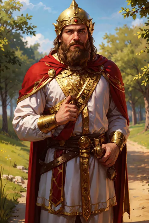 1boy, athletic, white tabard, golden pauldrons, red cape, helmet, beard, outdoors, realistic <lora:sxz-slavic-fantasy:0.7>