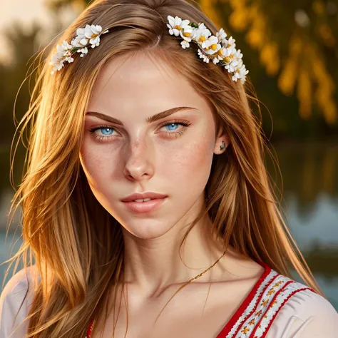 Create [full body] photography ((best quality)), ((masterpiece)), ((realistic)) of [Anjelika] she is of Caucasian race wearing [traditional clothes] showing her [cleavage] and [flower wreath]. She is 1,73 meter tall, [standing] next to the [pond]. Anjelika hair is [golden blonde with dark highlights].  Capture her [healthy skin tone], [slim skinny figure:1.2], [narrow hips], [narrow shoulders],  [small perfectly round ample perky breats:1.5], [slim thighs], [small ample buttocks], [long proportional legs], [toned muscles], and [smooth, glossy skin], she has [medium length straight hair]. Aim for a [detailed] [highres] and [realistic portrayal] of her face with [high-resolution] features such as her [flushed cheeks], [dense delicate freckles], [natural-looking light blue-grey eyes]. Capture the [delicate smile] on her lips. Her look is sexy and provocative. Strive for a lifelike image that portrays Anjelika natural beauty.   <lora:sxz-slavic-fantasy:0.8> [sfw]