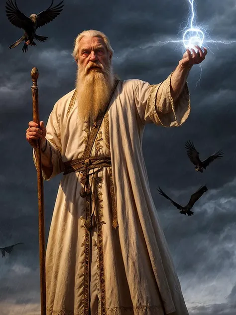epic shot of old wizard, slavic style, sparkling eyes, blond hair, short-beard, white tabard, staff, storm, flying crows in distance <lora:sxz-slavic-fantasy-v1:0.7> <lora:add_detail:0.4> <lora:add_sharpness:0.4>