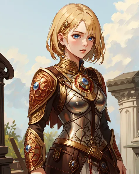 1girl, cowboy shot of beautiful short haired blonde lady, blue eyes, breastplate, ornate white heavy plate armor, red pauldrons, battle ground, detailed, close shot, upper body, <lora:sxz-slavic-fantasy:0.6>