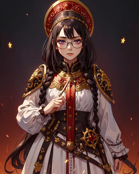 masterpiece, best quality, sharp focus, <lora:sxz-slavic-fantasy:0.65>, 1girl, solo, detailed eyes, detailed fingers, (cowboy shot of a single girl), Akemi Homura, (dark purple eyes, long hair, black hair), breastplate, ornate white heavy armor, red pauldrons, braid, kokoshnik helmet with glowing star symbol, colorful, glasses