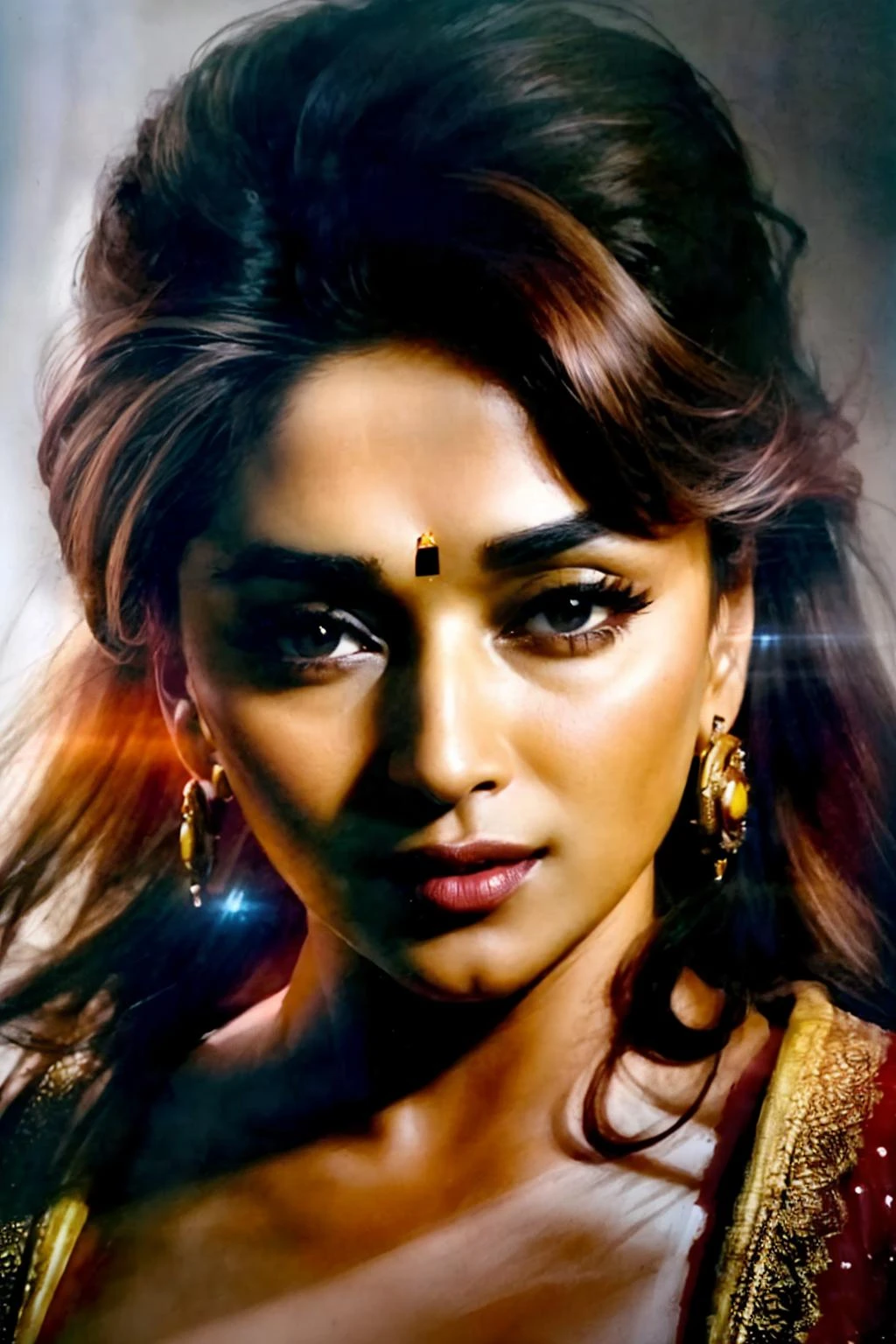 <lora:add_detail:1>, <lora:GoodHands-vanilla:1>, <lora:madhuri-01:1> madhuri dixit, portrait, Flash combined with a colored gel for a colored rim light (Colored Rim Light)., Intense Red, High Contrast Photography