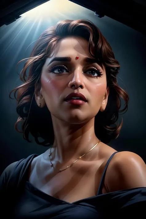 3/4,concept art, <lora:add_detail:1>, <lora:GoodHands-vanilla:1>, <lora:madhuri-01:1> madhuri dixit,jewelry, Softbox positioned low to create a dramatic upward lighting effect (Low Softbox).,sub surface scattering, detailed skin, Step-by-step Deep Blue, garry winogrand,glitch,