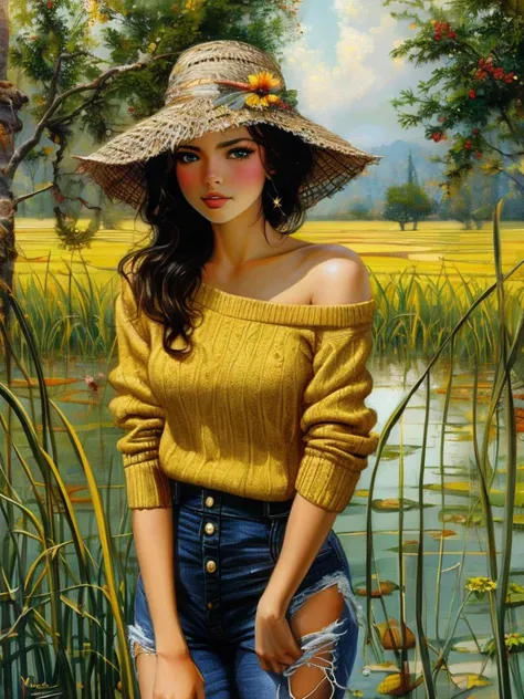 masterpiece,best quality, upper body, a skinny girl aged 20yo, (cute_freckles:0.4), perfect eyes, rice paddy, lewd, Pullover, on side,
<lora:tbh129-:0.8> illustration , oil painting , style of Michael Cheval