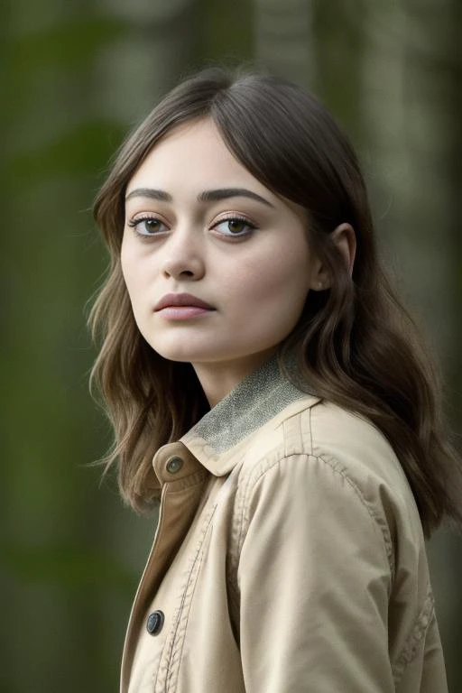 photo of EllaPurnell1, body ,in forest, trees, detailed face, intricate,, soft lighting, masterpiece, detailed face, beautiful,