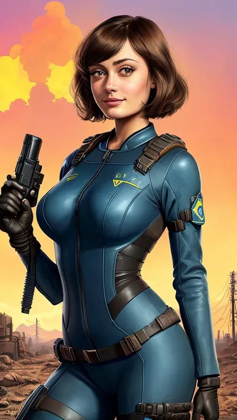 Fallout style, Illustration (caricature), EllaPurnell1, large breasts, nude, (long black straight hair with bangs), smileing, sexy look, coy, (.5 blue fallout suit),(.5 nude), in a fallout wasteland, Fallout, mort drucker, alex gard, Sebastian Kruger, cartoon, artstation, extreme quality, best resolution, insanely sharp, extremely detailed, extremely intricate, vivid colors, award winning, professional ,