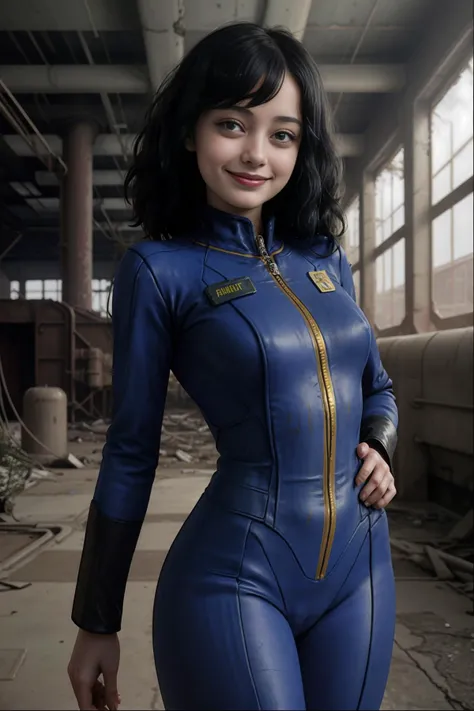 photograph of EllaPurnell1, long black hair with bangs, pokies, <lora:pokies_9:0.6>, grin512, perfect skin, solo, wearing (vaultsuit), <lora:talojivaultsuit:0.5>, in a abandoned power plant, film grain