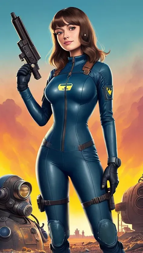 Fallout style, Illustration (caricature), EllaPurnell1, large breasts, nude, (long black straight hair with bangs), smileing, sexy look, coy, (.5 blue fallout suit),(.5 nude), in a fallout wasteland, Fallout, mort drucker, alex gard, Sebastian Kruger, cartoon, artstation, extreme quality, best resolution, insanely sharp, extremely detailed, extremely intricate, vivid colors, award winning, professional ,