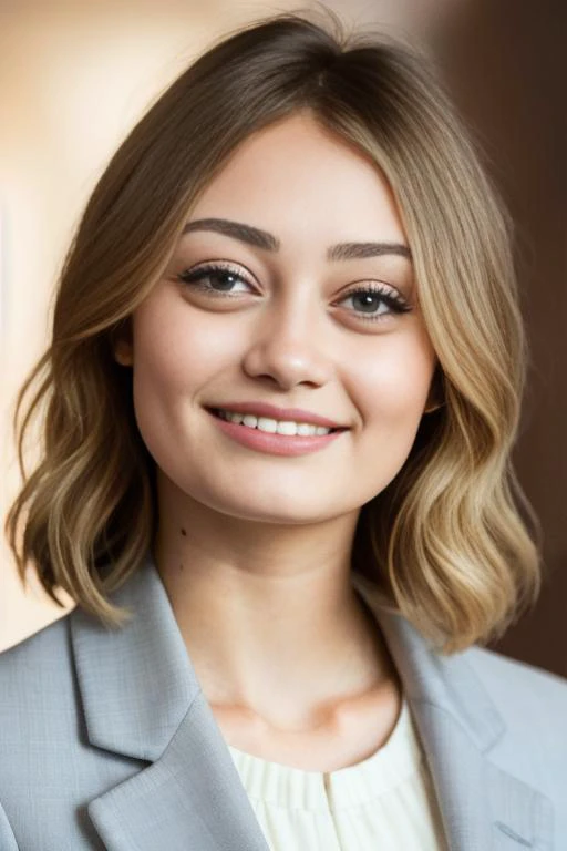 photo of a EllaPurnell1, blonde hair, simple background, detailed face, intricate, smile, elegant, sharp focus, photo by, soft lighting, masterpiece, detailed face, beautiful ,