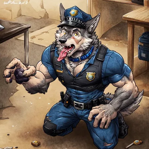 male, anthropomorphic, ((wolf)), wolf tail, muscular, (ripped police uniform), police hat, ((blue collar)), big feet, paw pads, (mid transformation:1.3), kneeling, looking up at viewer, tongue out of mouth, panting, (human), police station, (magic collar), high angle, <lora:LoraTransformationBY_transformation:1>, (by wfa)