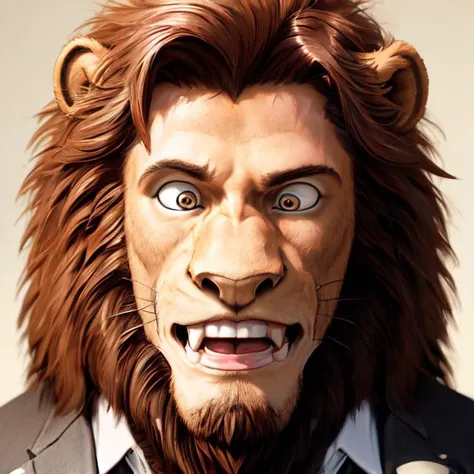male, (lion), extreme close up, face, (transformation), showing off teeth, human, confused expression, handsome, <lora:LoraTransformationBY_transformation:1>