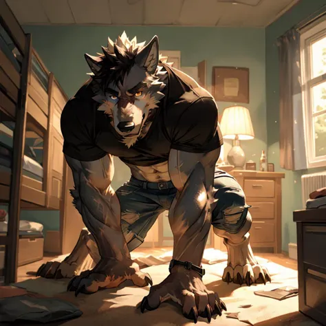 male, digitigrade, wolf, (tail), muscular, ripped shirt, ripped pants, paw pads, (mid transformation:1.1), on all fours, looking at viewer, (human), dorm room, <lora:LoraTransformBY_bytransform:1>