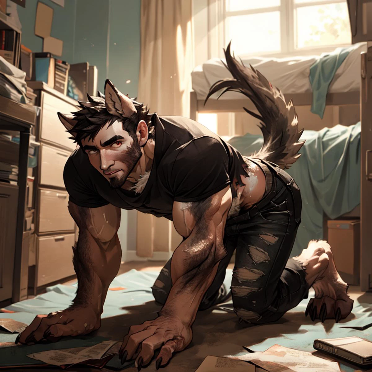 male, digitigrade, wolf, (tail), muscular, ripped shirt, ripped pants, paw pads, (mid transformation:1.3), on all fours, looking at viewer, (human), dorm room, <lora:LoraTransformBY_bytransform:1>