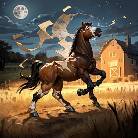 male, digitigrade, human/(horse), bodybuilder, muscular, farm, barn, field, night, full moon, tail, scared expression, ((detailed eyes)), (bytransform:1.3, transformation), <lora:LoraTransformationBY_transformation:1>