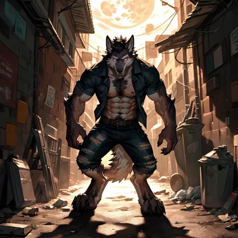 male, digitigrade, wolf, (tail), muscular, ripped shirt, ripped pants, paw pads, (mid transformation:1.2), standing, looking at viewer, (human), alley way, trash, night, full moon, <lora:LoraTransformBY_bytransform:1>