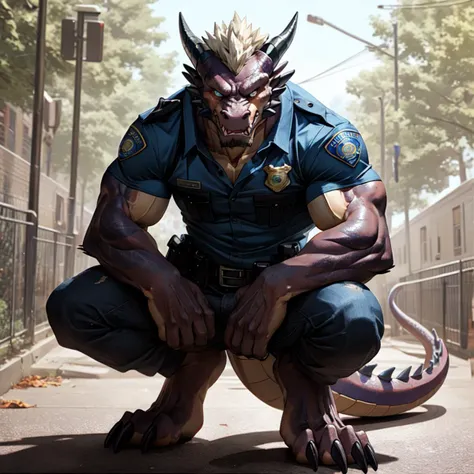 male, digitigrade, dragon, (tail), muscular, (police uniform), ripped shirt, ripped pants, big arms, big feet, paw pads, (mid transformation), squatted position, squatting, snarling, glaring, looking at viewer, showing off teeth, (human), college campus, photograph, <lora:LoraTransformBY_bytransform:1>