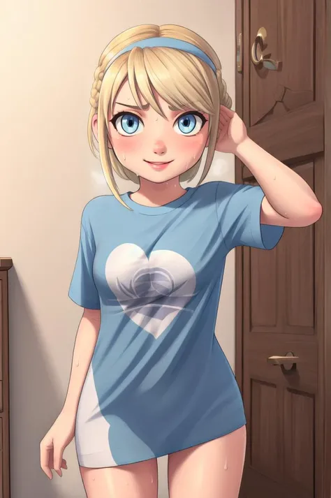 masterpiece, high quality, detailed background, 1girl, solo,
<lora:Astrid-v1-04:0.6>, ChopioAstrid, medium hair, blonde hair, braid, braided ponytail, headband, blue eyes, lips, (looking at viewer:1.3),
viking,
nsfw, door frame, seductive smile, seductive pose,
view from front, (oversized shirt:1.3), <lora:Clothing_OversizedShirt:1>, <lora:seeThroughSilhouette:0.7>, white shirt, bottomless, partially unbuttoned, cleavage, sweat, sweaty, <lora:Concept_Sweat:0.1>