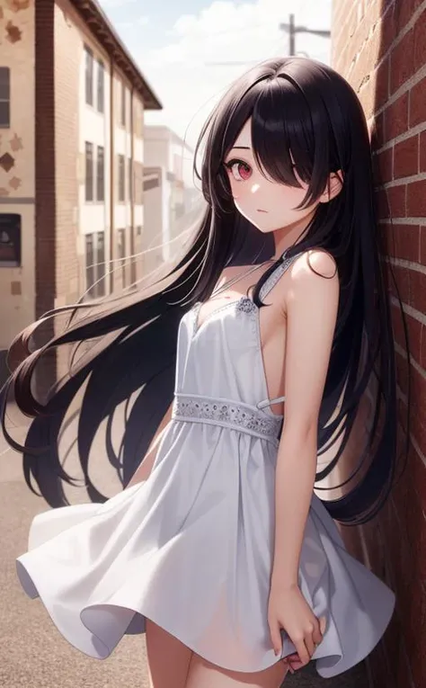 best quality, intricate details, chromatic aberration,
1girl, long hair, black hair, messy hair, red highlights, hair over one eye, red eyes, sharp eyes,
(see-through silhouette:1.2), see-through, white dress, sundress, cowboy shot, wind lift,
against wall, brick wall, graffiti, dim lighting, alley